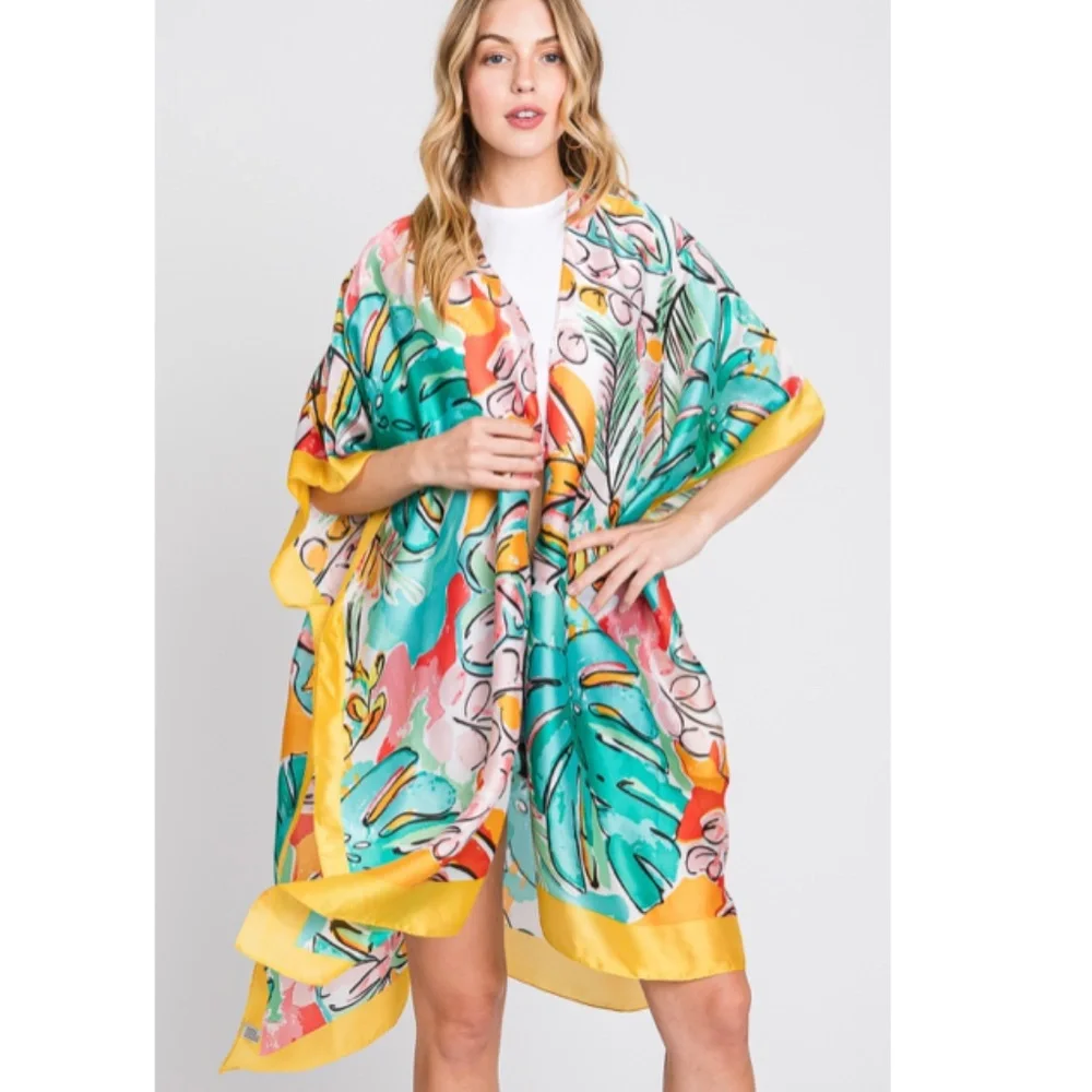 "The Eden" Hand Drawn Watercolor Tropical Leaves Kimono - Picture 4 of 4